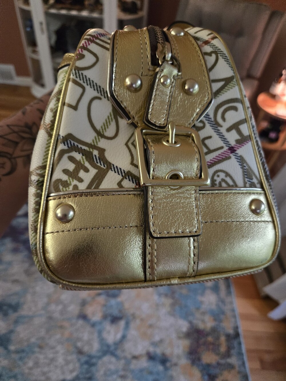 Vintage F13186 Coach Cream Satchel with Gold Trim and Multicolor Script - Picture 10 of 16